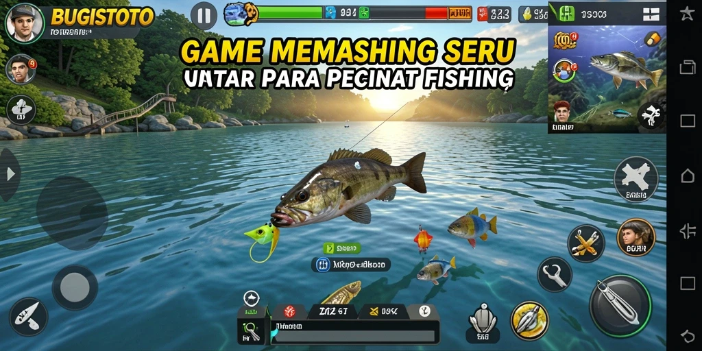Gameplay seru BUGISTOTO dalam memancing ikan di berbagai lokasi.