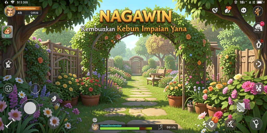 Screenshot gameplay NAGAWIN yang menampilkan kebun yang subur.