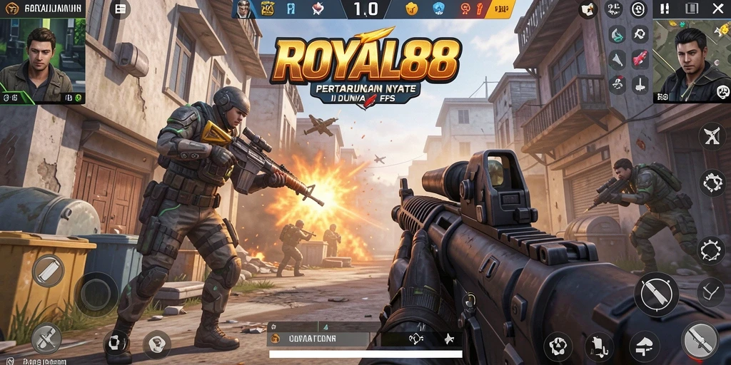 Screenshot gameplay ROYAL88 menampilkan aksi tembak-menembak yang mendebarkan.