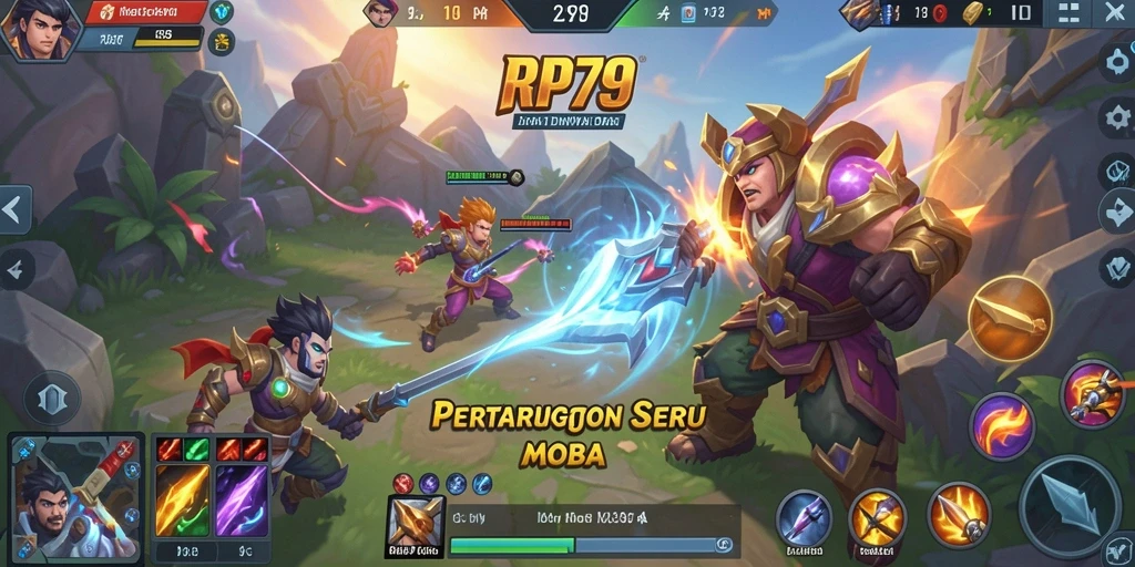 Screenshot menggambarkan aksi intens dalam pertandingan MOBA RP79.