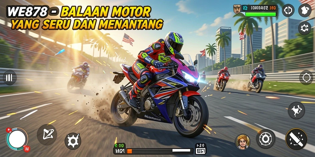 Tampilan gameplay yang mendebarkan di WE878 dengan berbagai jenis trek motor racing.